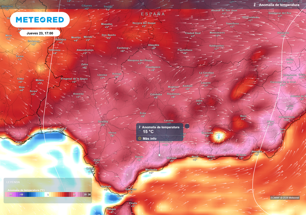 El episodio dejará anomalías térmicas de 15 ºC en amplias zonas de la región andaluza.