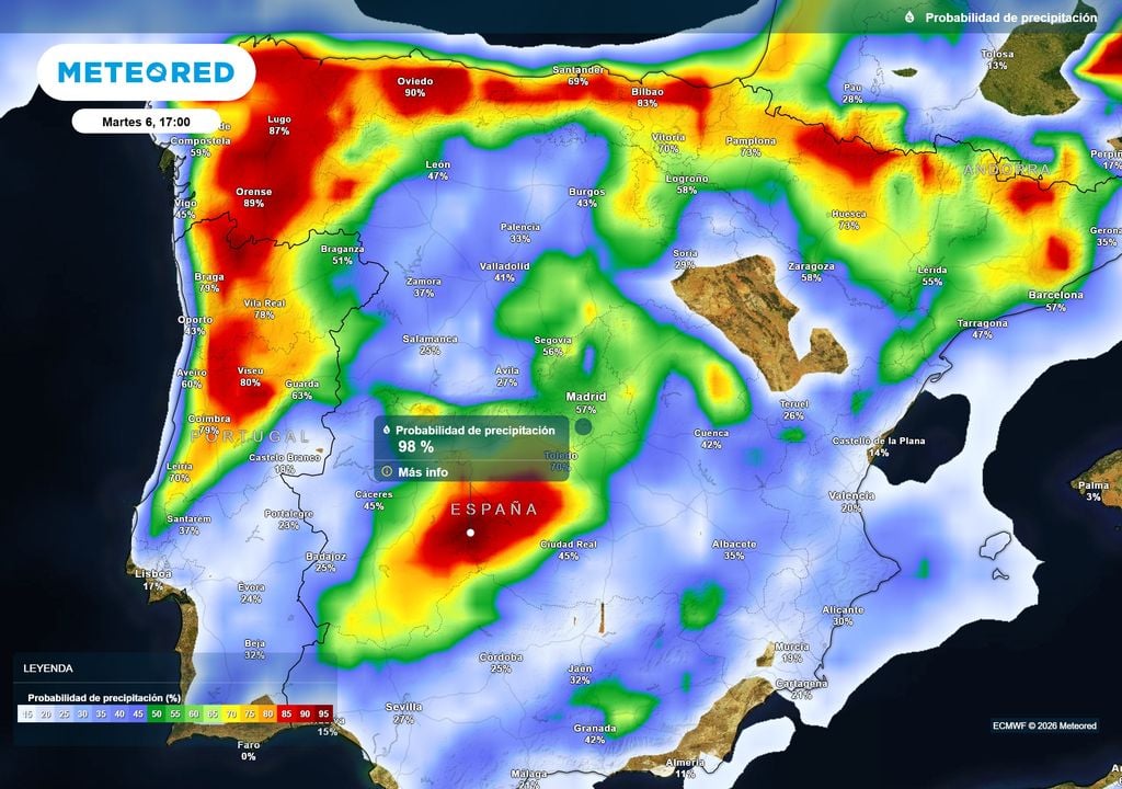 Las lluvias se concentrarán en el norte y áreas del interior del oeste peninsular, pero la probabilidad de lluvia será notable en toda la península.