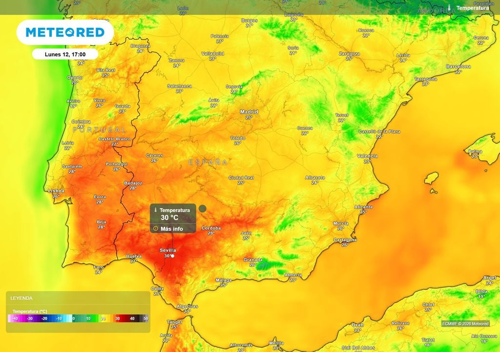 Las temperaturas más elevadas se esperan en el cuadrante suroeste.