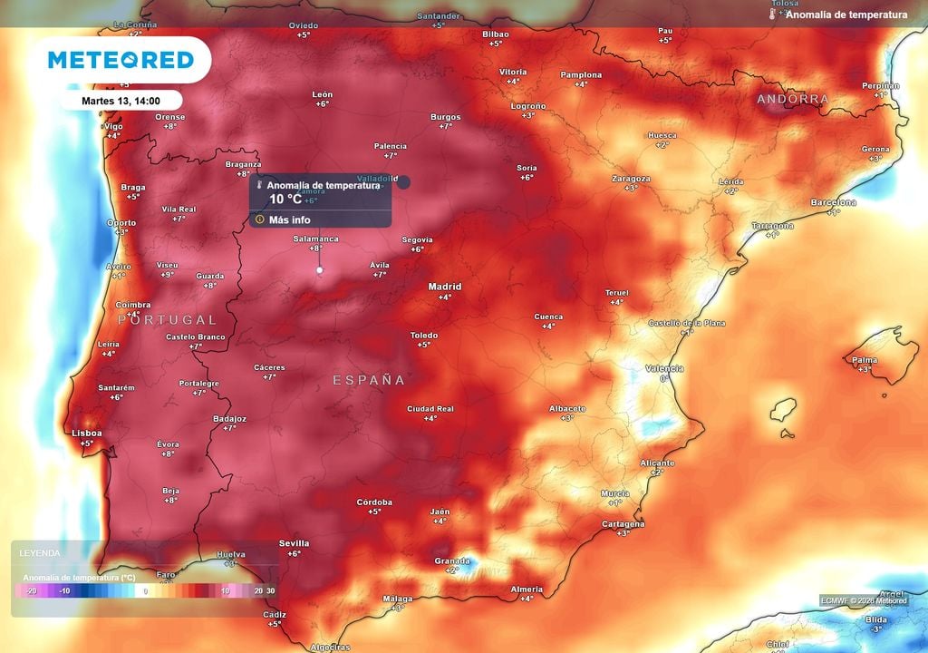 Las anomalías térmicas se dispararán a cifras que rondarán los 10 ºC.