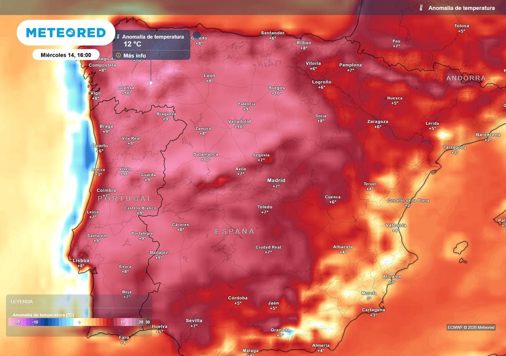 Las anomalías más elevadas serán en la mitad oeste peninsular.