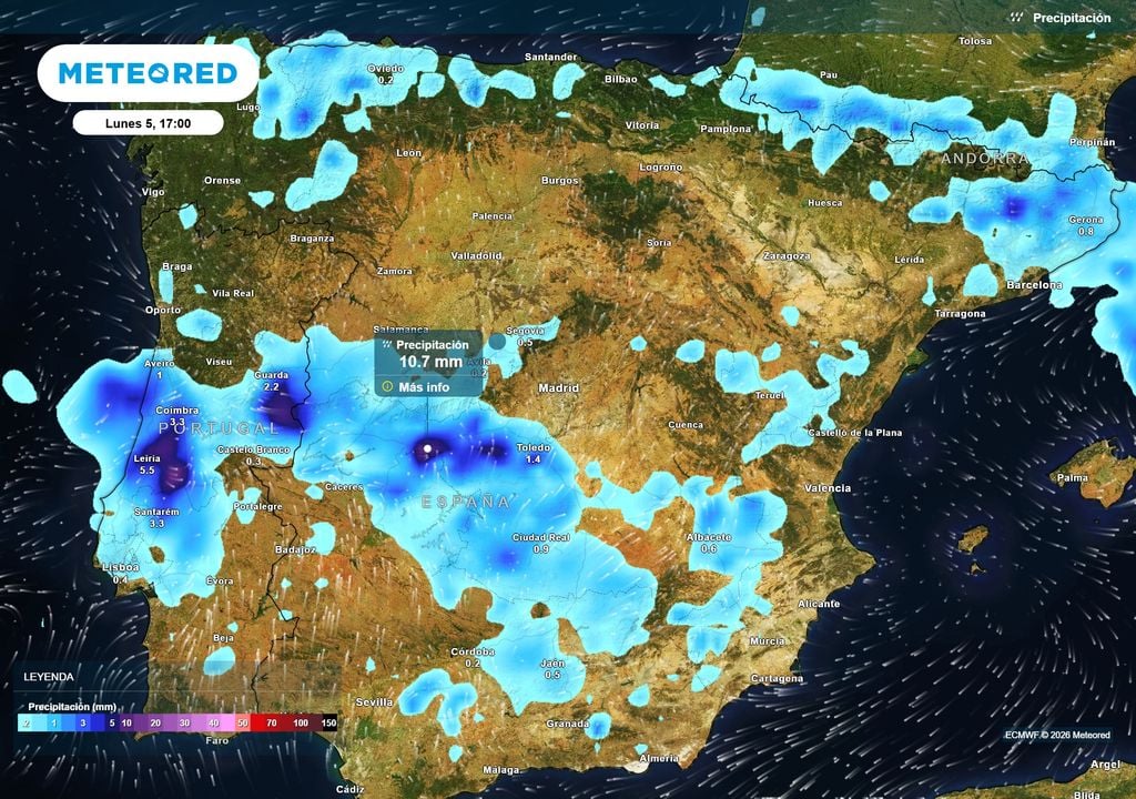 Las precipitaciones se extenderán por buena parte de la España peninsular, siendo más intensas en el entorno del sistema Central.