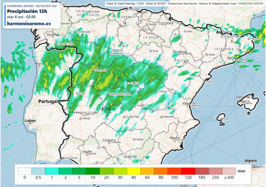 El modelo HARMONIE-AROME apunta a acumulados de más de 30 l/m2 en el centro peninsular.