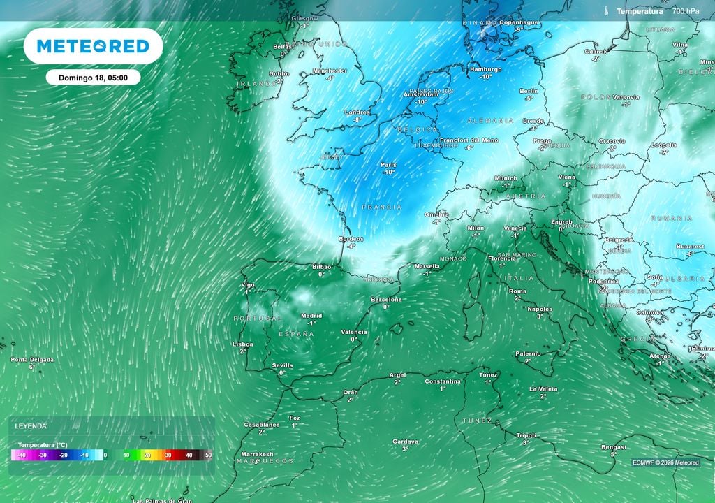 La advección del aire polar favorecerá el desplome térmico en Andalucía. Situación prevista a unos 3000 m.