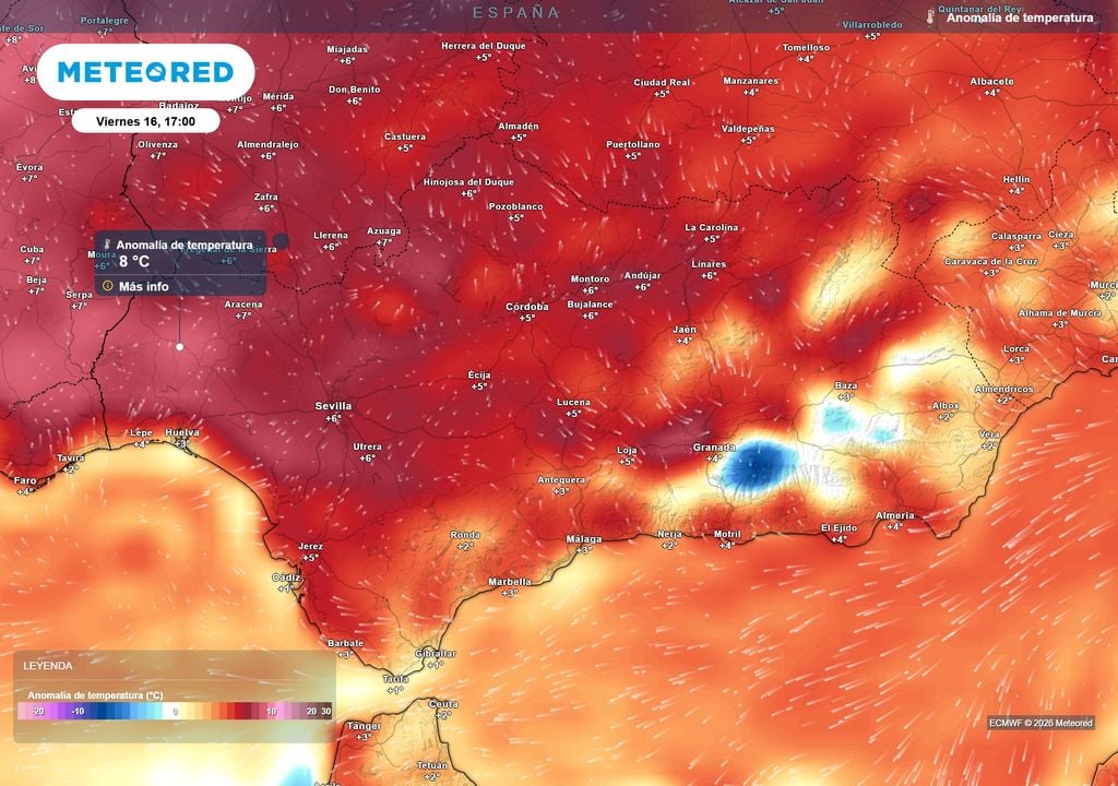 Las anomalías positivas muestran el carácter excepcional de las altas temperaturas en Andalucía.