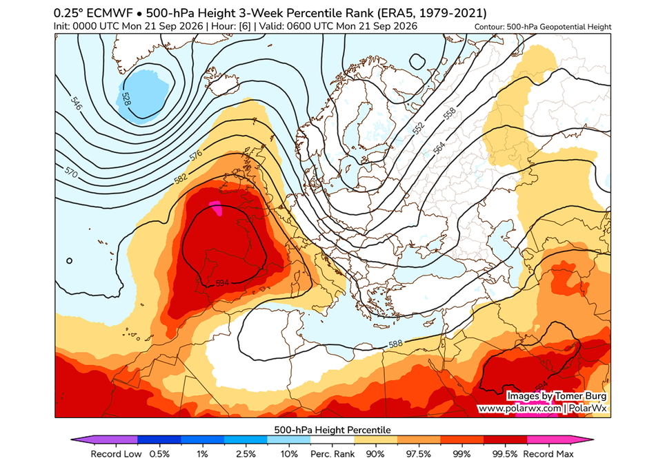 Les anomalies des valeurs de géopotentiel à 500 hPa, soit environ 5 500 mètres d’altitude, témoignent du caractère exceptionnel de l’épisode imminent. Source : polarwx.com. Les anomalies des valeurs de géopotentiel à 500 hPa, soit environ 5 500 mètres d’altitude, témoignent du caractère exceptionnel de l’épisode imminent. Source : polarwx.com.