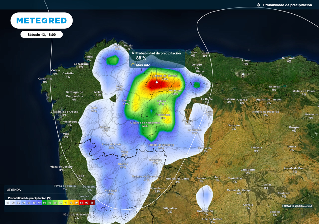 La mayor probabilidad de precipitación se concentra en el sur de Asturias.