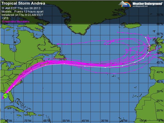 Trayectorias previstas del centro de la tormenta tropical Andrea. Fuente: wunderground.com
