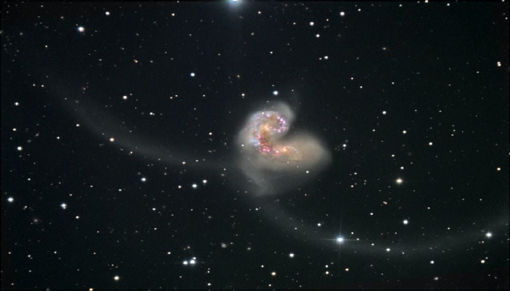 Le galassie Antenna offrono un esempio di collisione tra due galassie. Credit: NOAO/AURA/NSF, B. Twardy, B. Twardy, and A. Block (NOAO)