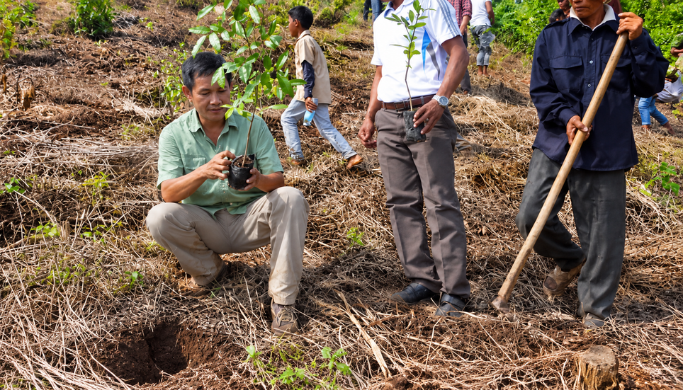 Munichan Kung, directeur national de la fondation, participant à des travaux de reforestation. Fondation Maddox.