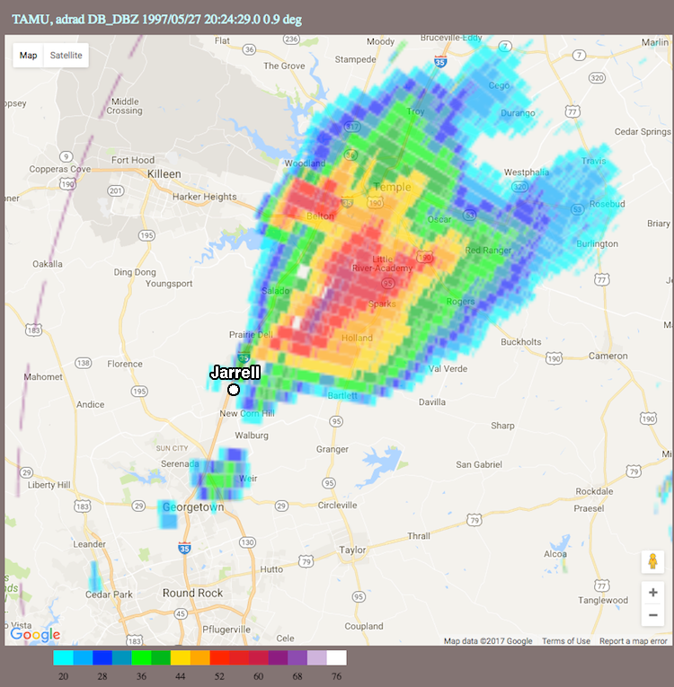 Imagen PPI radar, en modo reflectividad, mostrando la estructura convectiva organizada de la súper célula que afectó a Jarrell.