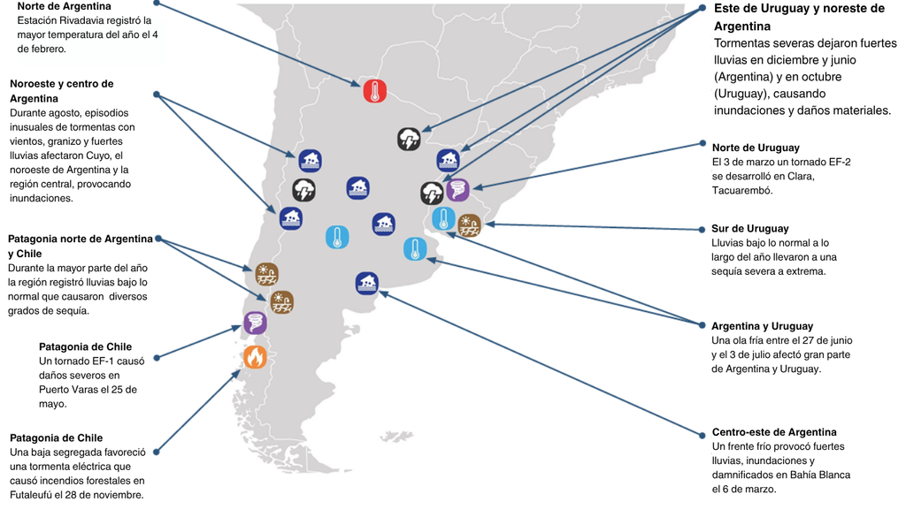 Eventos extremos registrados en el cono sur de Sudamérica. Crédito: State of Climate in 2025/BAMS.