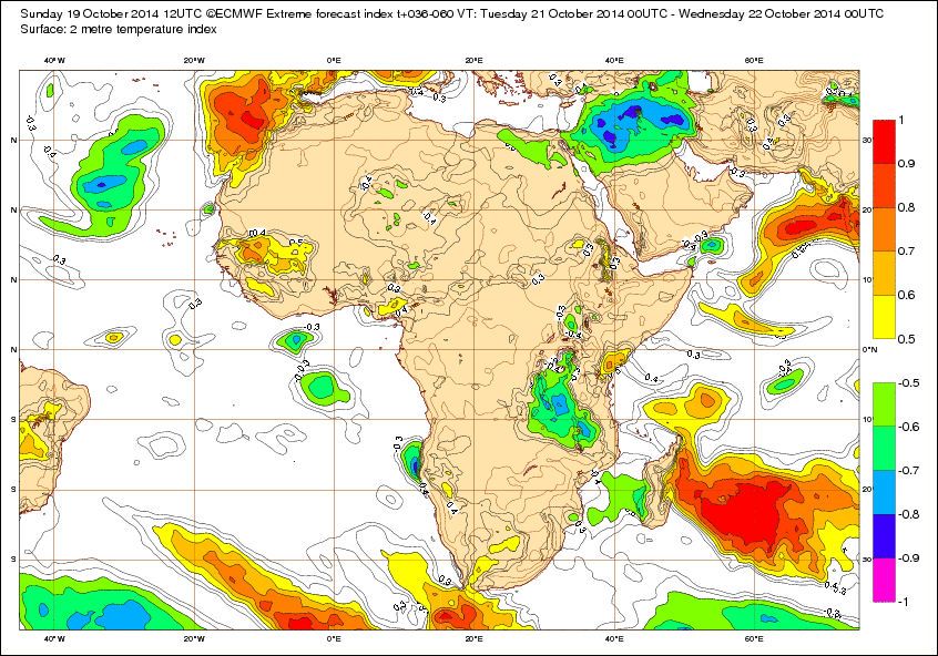 Anomalías Térmicas Y Efi De Temperatura Para El 21 De Octubre De 2014 Valores de EFI de la pasada del modelo del CEP para al Temperatura a 2m para el día 21 de octubre de 2014, pasada del 19 de octubre de 2014 a las 12 UTC usando los 50 +1 miembros del modelo ENS del CEPMP. El EFI, índice normalizado de rareza o singularidad de un episodio, parte de la climatología del modelo de dicha variable y de las predicciones probabilistas de los 50+1 miembros del ENS del CEPMP.