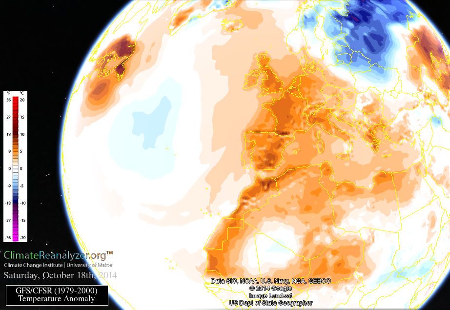 Un ejemplo de EFI a 2m previsto por el modelo ENS para el 18 de octubre de 2014, arriba, y las anomalías de ese día previstas por el modelo GFS, abajo en ºC.Fuentes: CEPMP y Climate ReanalyzerEl uso de campos meteorológicos muy técnicos y especiales en los medios de comunicación y redes sociales debe ser muy cauteloso o incluso evitado. Además el EFI lleva implícito el término "Extreme" que puede ser doblemente malinterpretado. 