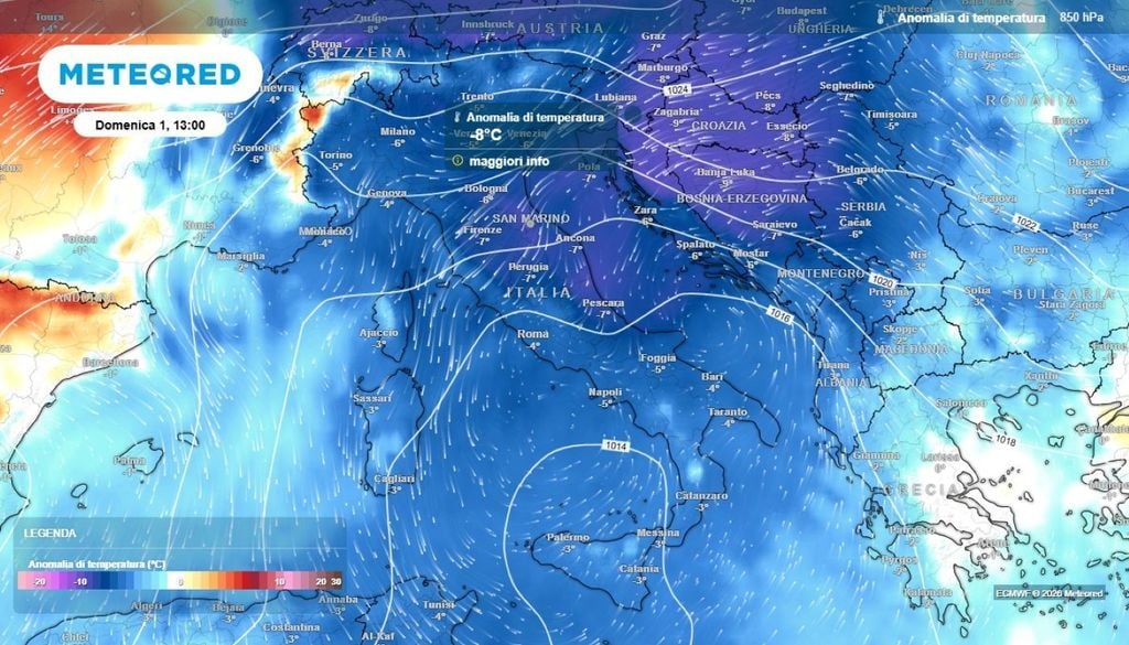 Freddo. L'avvezione fredda attesa in Italia all'inizio della prossima settimana, quando è atteso un brusco calo delle temperature.