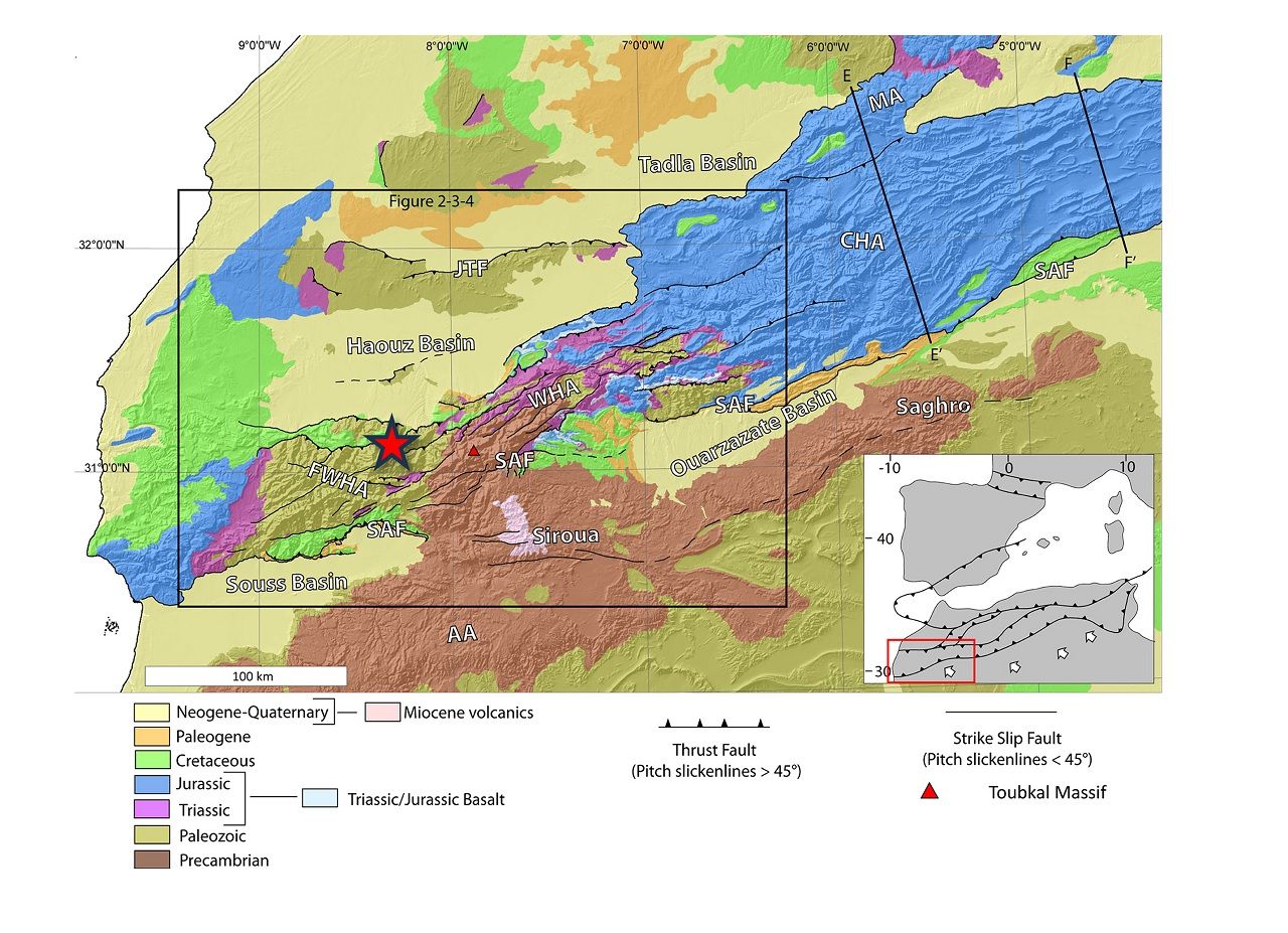 La geologia nell'area dei Monti dell’Atlante, in Marocco. La stella rossa indica l'epicentro del sisma dell'8 settembre 2023. Figura tratta da Lanari et al., 2020, modificato da INGV.