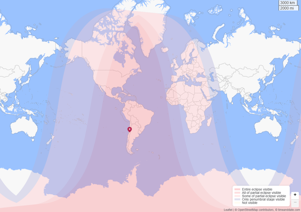 El eclipse parcial de Luna de agosto será visto sobre las Américas y parte de Groenlandia. Fuente: Time and Date.