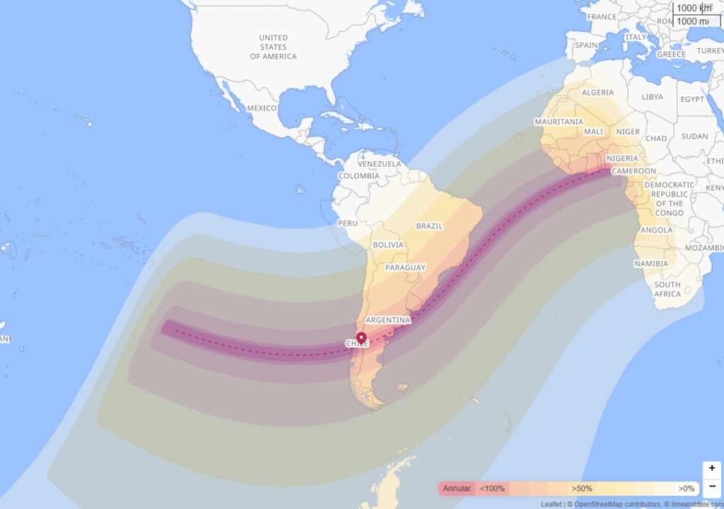 Este será el camino que seguirá el eclipse durante el 06 de febrero de 2027. Chile, Argentina, Uruguay e incluso una pequeña parte del estado de Rio Grande do Sul, en el sur de Brasil, podrán observar el anillo de fuego en el cielo. Fuente: Time and Date.
