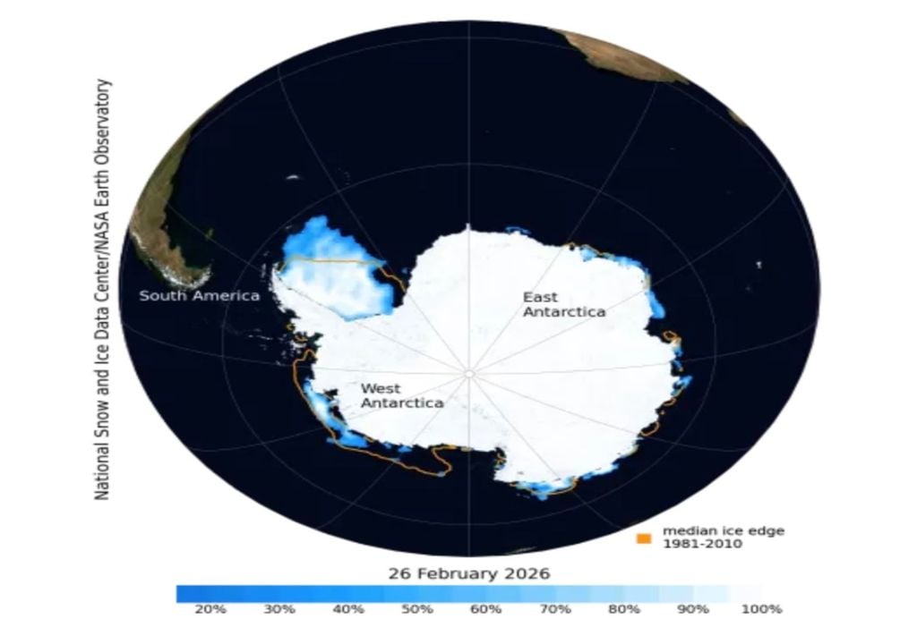 NASA Esta imagen de la NASA, capturada por Blue Marble, muestra el hielo marino antártico el 26 de febrero de 2026, fecha en la que probablemente alcanzó su extensión mínima anual. La extensión promedio del hielo marino el 26 de febrero fue de 2,58 millones de kilómetros cuadrados, lo que la sitúa en el decimosexto puesto entre las extensiones más bajas registradas en los 48 años de datos satelitales. Crédito: NSIDC/NASA Earth Observatory
