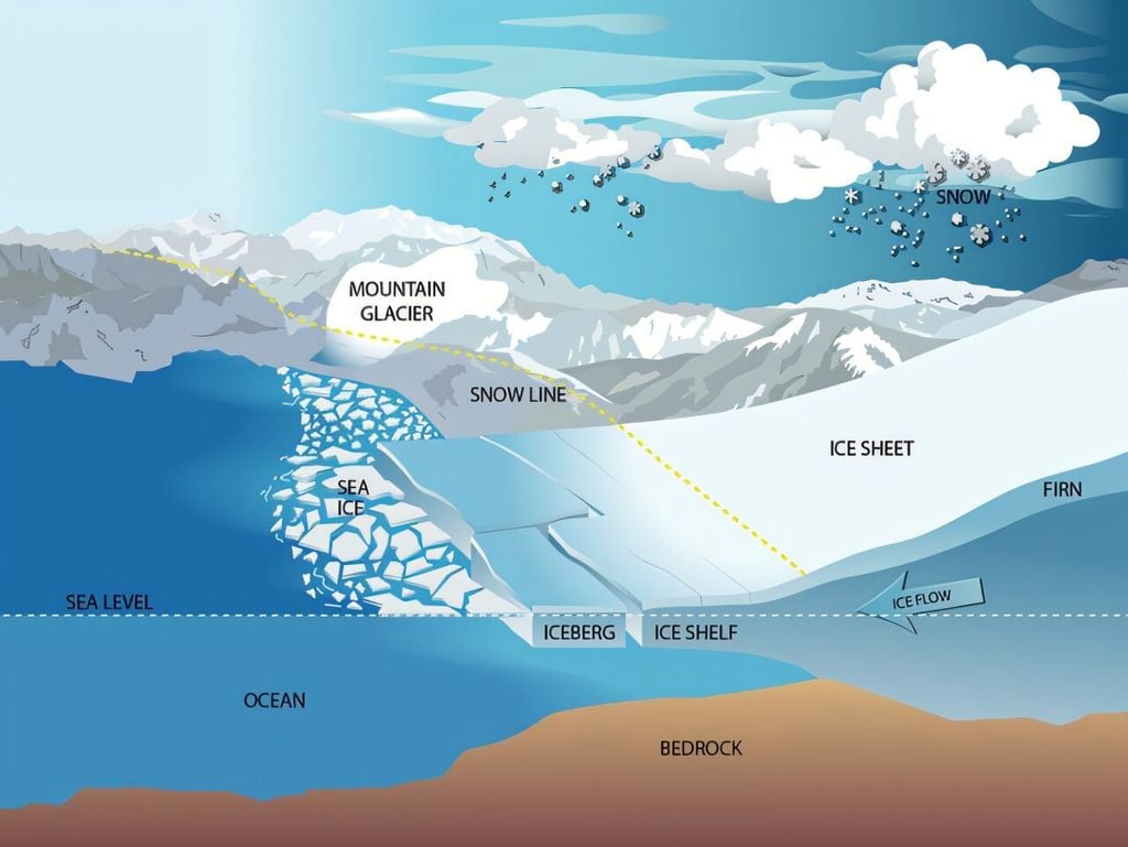 Diagrama de las características del hielo terrestre, que muestra la capa de hielo y la plataforma de hielo flotante adjunta. Crédito: NASA