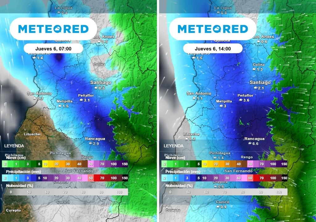ECMWF Y GFS Tanto el modelo europeo (imagen izquierda) y el GFS (imagen derecha) muestran un sistema frontal este jueves llegando a Santiago con nuevas precipitaciones.