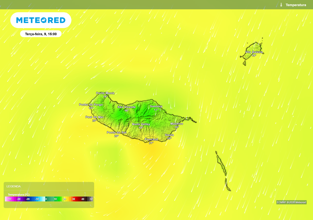 Temperatura Madeira Na Madeira, as temperaturas deverão permanecer estáveis, com valores próximos dos 19 a 21 ºC nas zonas costeiras. A influência anticiclónica garante uma semana sem grandes alterações no estado do tempo.