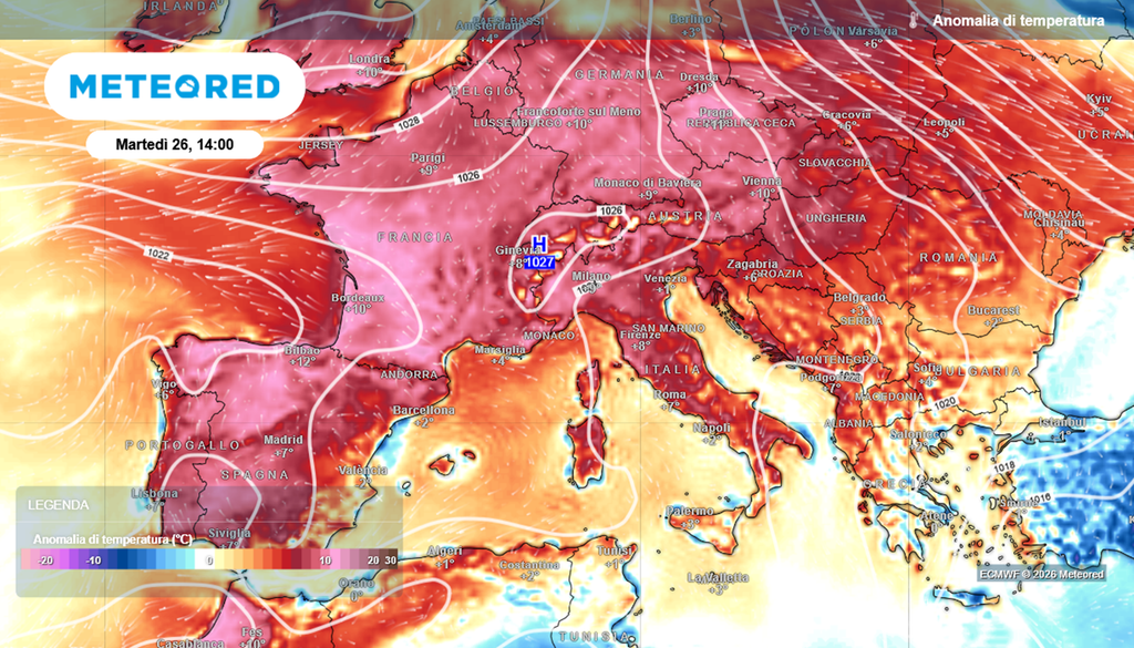 Anomalie termiche in Europa marttedì 26 maggio.