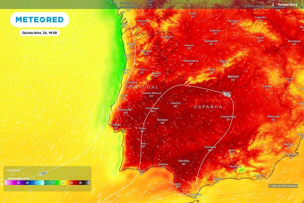 Calor ainda intenso no interior de Portugal nesta quinta-feira O ECMWF prevê temperaturas próximas dos 35 ºC em Castelo Branco e Beja e dos 36 ºC em Évora, contrastando com valores bastante inferiores junto ao litoral ocidental.