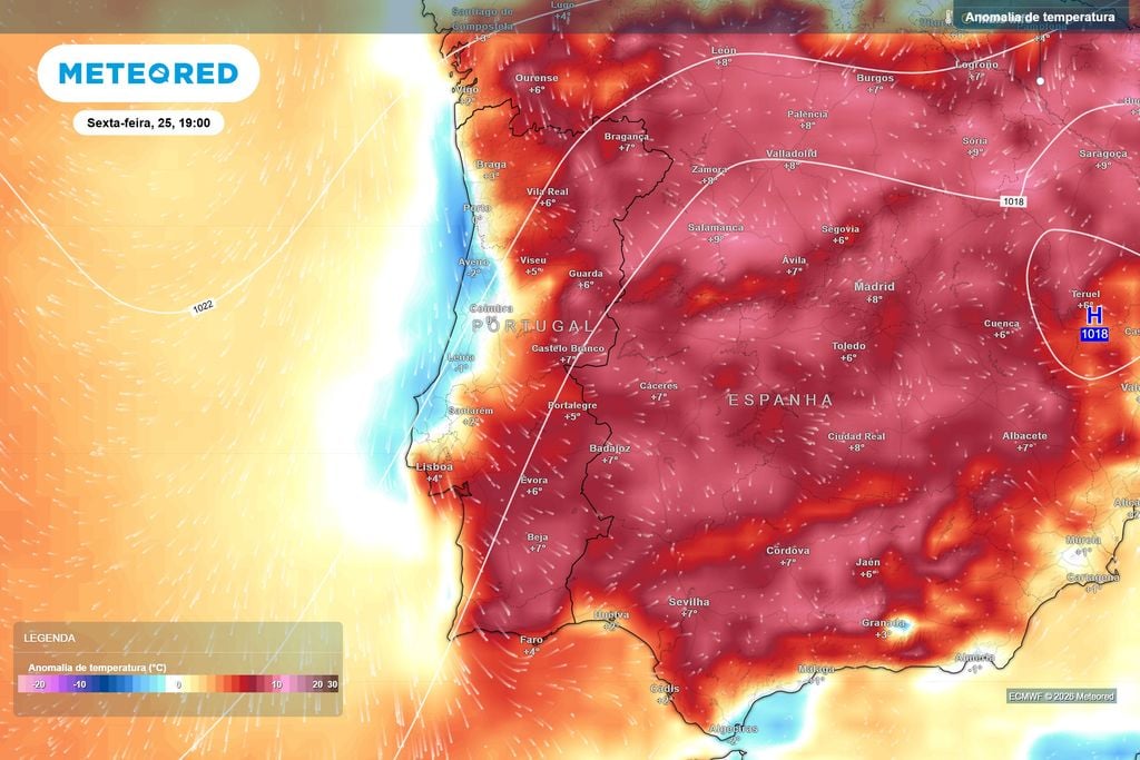 Interior continuará bastante mais quente do que o habitual para setembro Apesar da descida térmica junto ao litoral, o ECMWF mantém anomalias positivas significativas no interior, localmente entre 5 e 7 ºC acima da média climatológica.