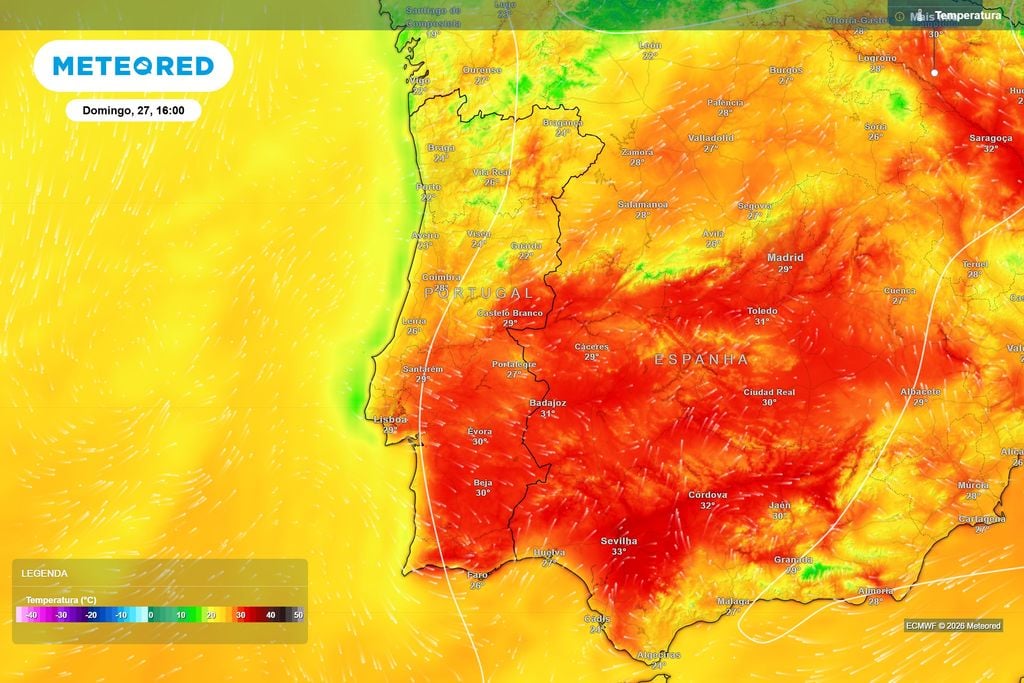 Domingo trará uma descida mais generalizada das temperaturas O ECMWF projeta uma tarde bastante menos quente no domingo, com cerca de 22 ºC na Guarda, 24 ºC em Braga e Viseu e valores próximos dos 29 a 30 ºC em várias regiões do Centro e Sul.