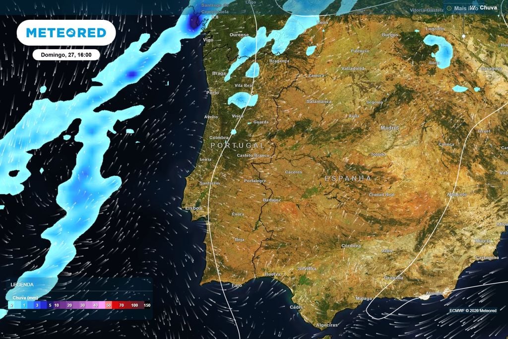 A instabilidade atlântica começa a aproximar-se de Portugal no domingo Na tarde de domingo, o ECMWF coloca uma extensa faixa de precipitação no Atlântico, já com possibilidade de chuva no extremo Norte e Noroeste de Portugal.