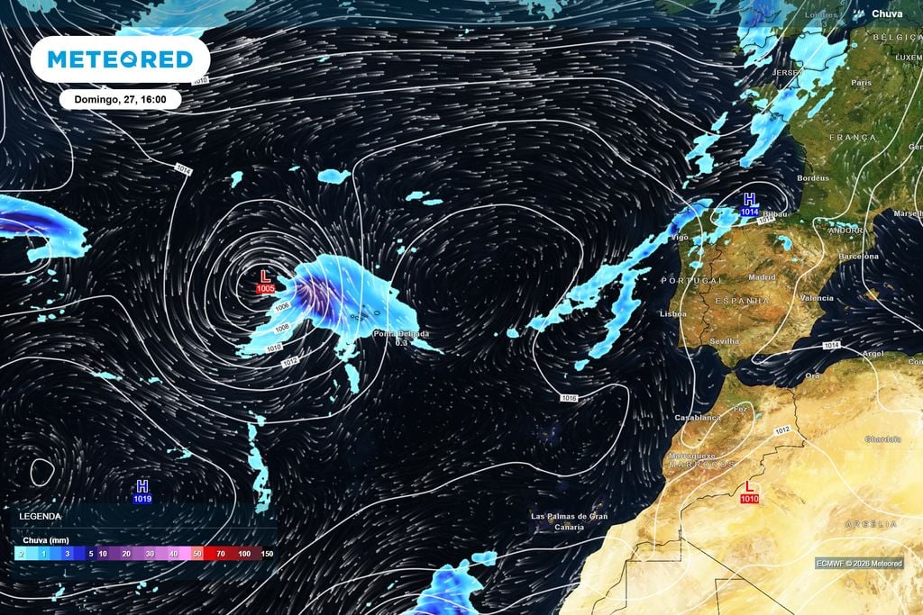 Depressão atlântica levará chuva aos Açores antes de se intensificar O ECMWF posiciona uma depressão de cerca de 1005 hPa a oeste dos Açores no domingo, acompanhada por precipitação e vento, antes de o sistema avançar para norte.