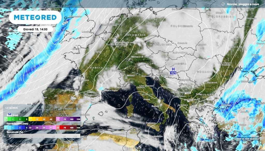 Anticiclone. Le regioni meridionali, trovandosi sul margine meridionale dell'anticiclone, vedranno infiltrazioni più umide dai quadranti orientali.