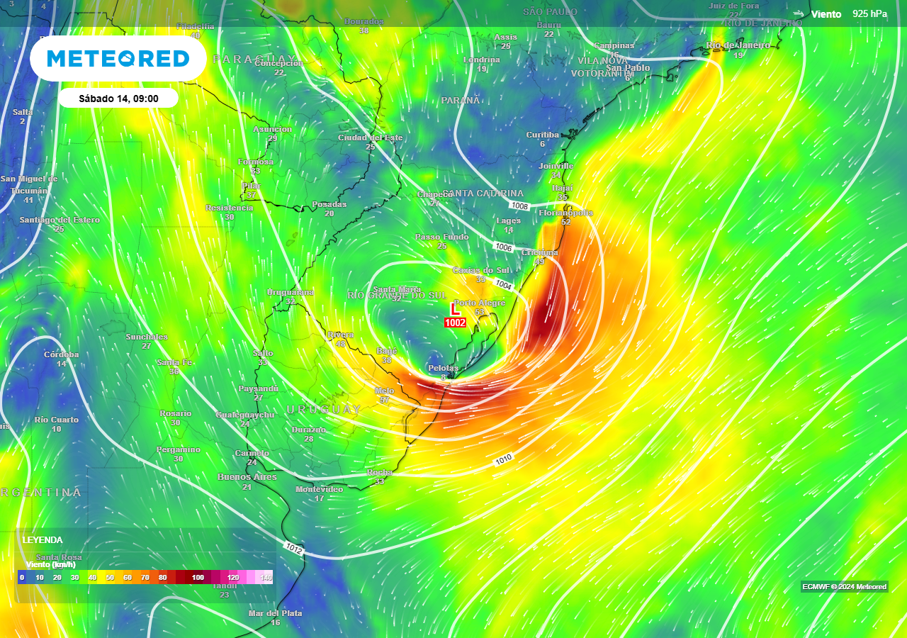Intensidad del viento y presión en 925 hPa para la mañana del sábado 14 de diciembre según nuestro modelo de referencia el ECMWF