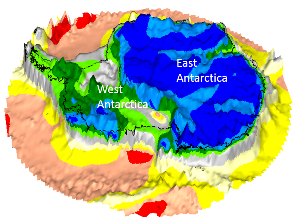 Foto 1: Mapa del índice del gradiente de gravedad en la Antártida en la topografía de la roca de fondo, derivado de los datos del satélite GOCE-ESA.
