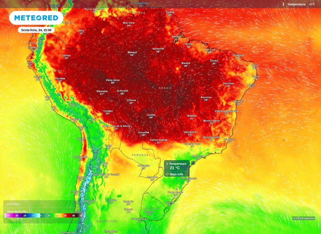 Temperatura. Na sexta-feira (24) o ar frio ainda mantém as temperaturas mais baixas sobre áreas do Sul, Sudeste e Centro-Oeste.