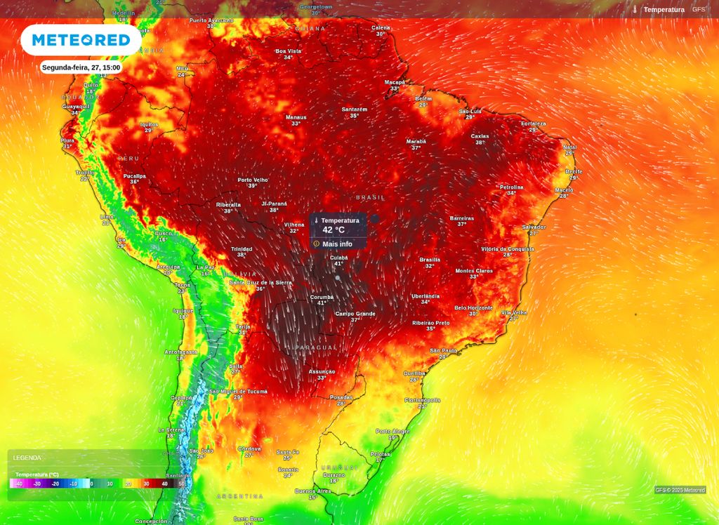 Temperatura máxima. Máximas chegam aos 42°C nesta segunda (27) no oeste do Centro-Oeste. Restante do país também com temperaturas altas, superiores aos 30°C em sua grande maioria.