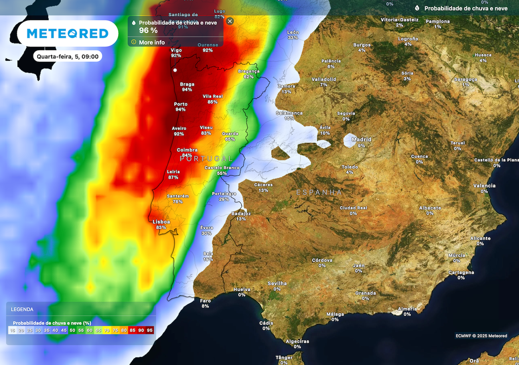 Maior probabilidade de precipitação na quarta-feira no norte de Portugal. Maior probabilidade de precipitação na quarta-feira no norte de Portugal.