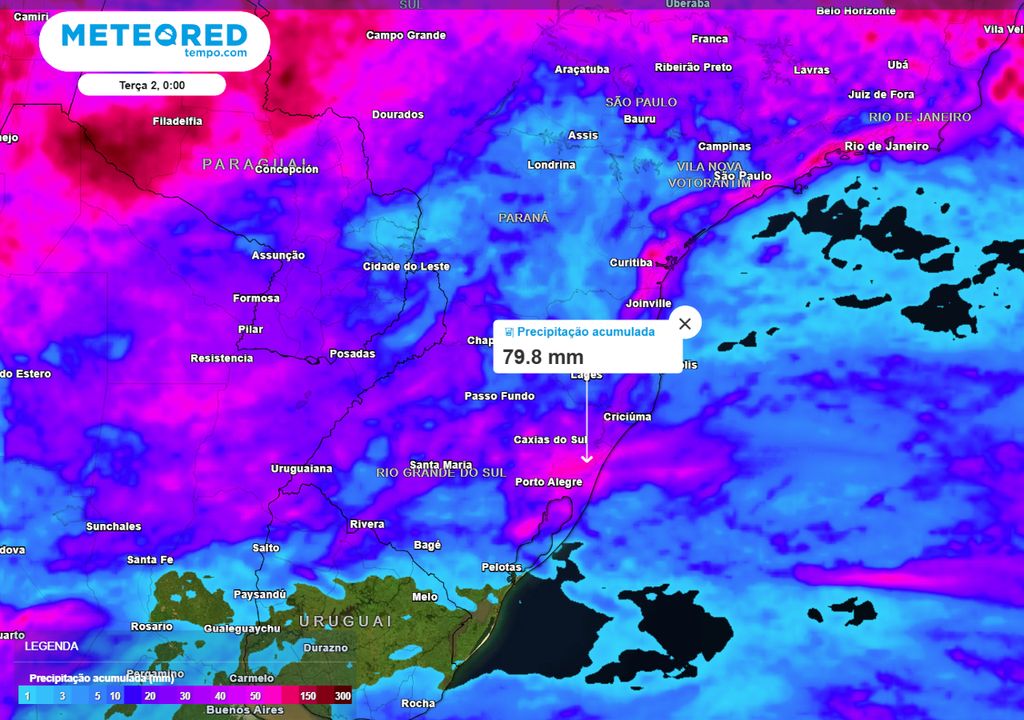 Acumulados de Chuva previstos para o Sul até o dia 01 de janeiro.