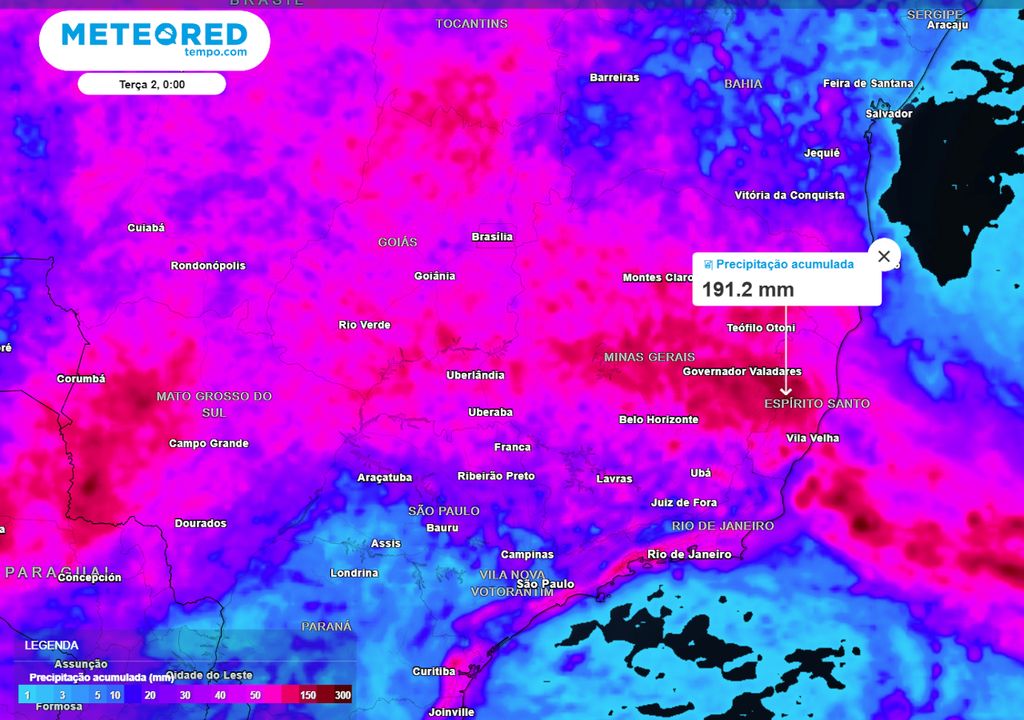 Acumulados de chuva totais previstos para o Sudeste e Centro-Oeste até o dia 01 de janeiro.
