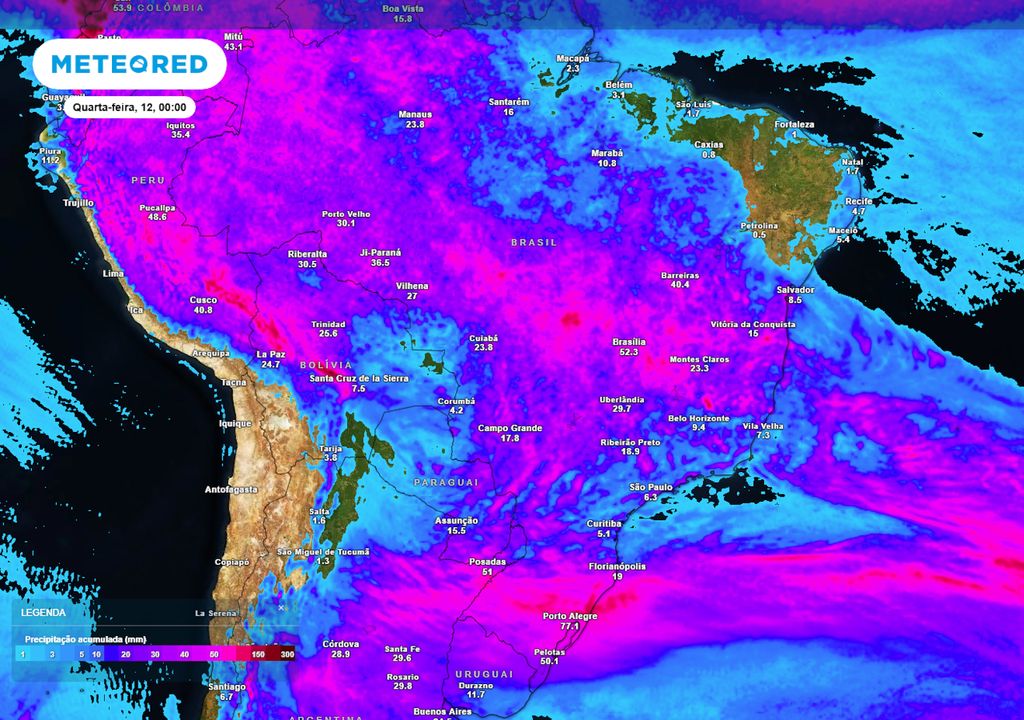 Previsão de acumulados totais de chuva até o final da próxima terça-feira.