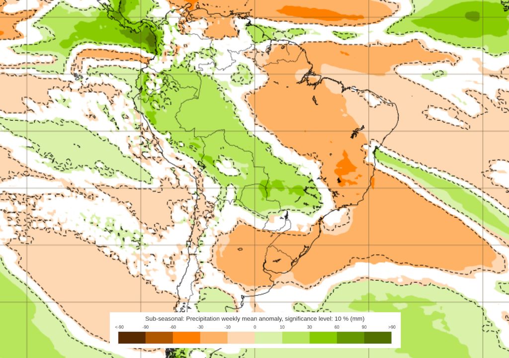 Previsão de anomalia de chuvas entre os dias 10 e 17 de novembro.