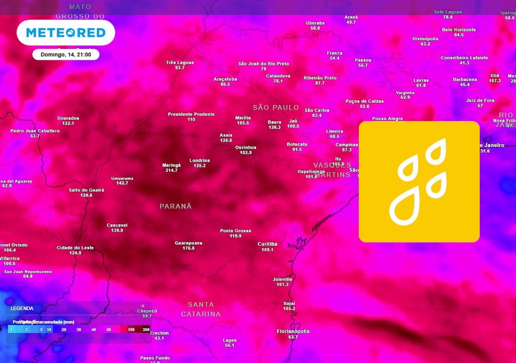 Previsão de acumulados totais até o domingo. Previsão de acumulados totais até o domingo.