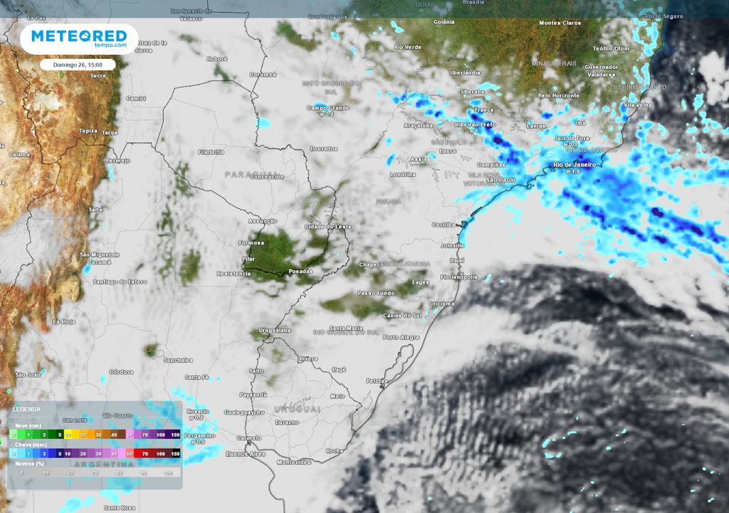 Previsão de precipitação e nebulosidade no Domingo (26). Previsão de precipitação e nebulosidade no Domingo (26).