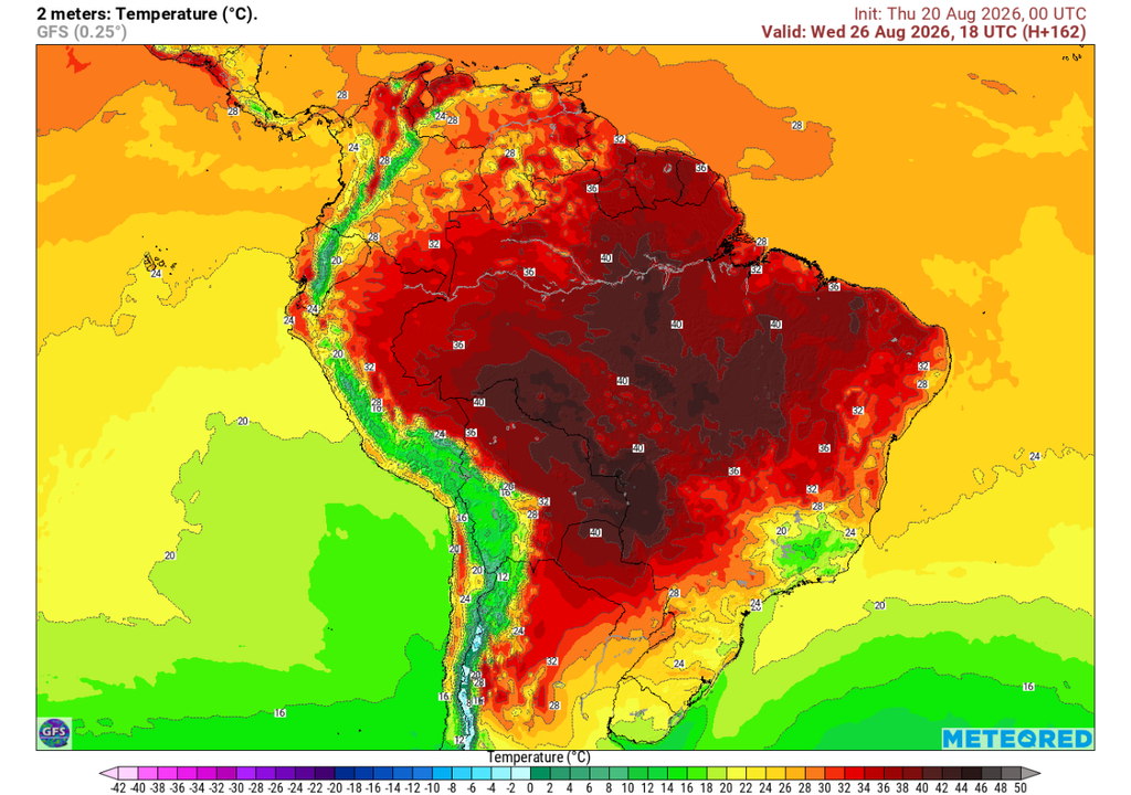 Previsão de temperatura máxima para terça-feira (25), segundo o GFS. Previsão de temperatura máxima para terça-feira (25), segundo o GFS.