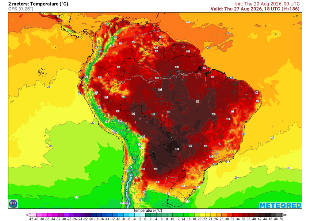 Previsão de temperatura máxima para quarta-feira (26), segundo o GFS. Previsão de temperatura máxima para quarta-feira (26), segundo o GFS.