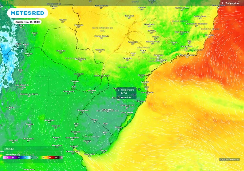 Temperatura mínima prevista para a manhã desta quarta-feira (29), mostra valores próximos a 5°C no Sul do Brasil.
