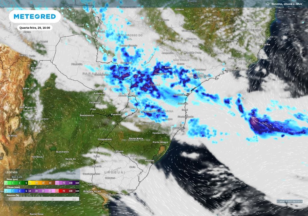 Previsão de nebulosidade e chuva prevista para o Sul do Brasil.