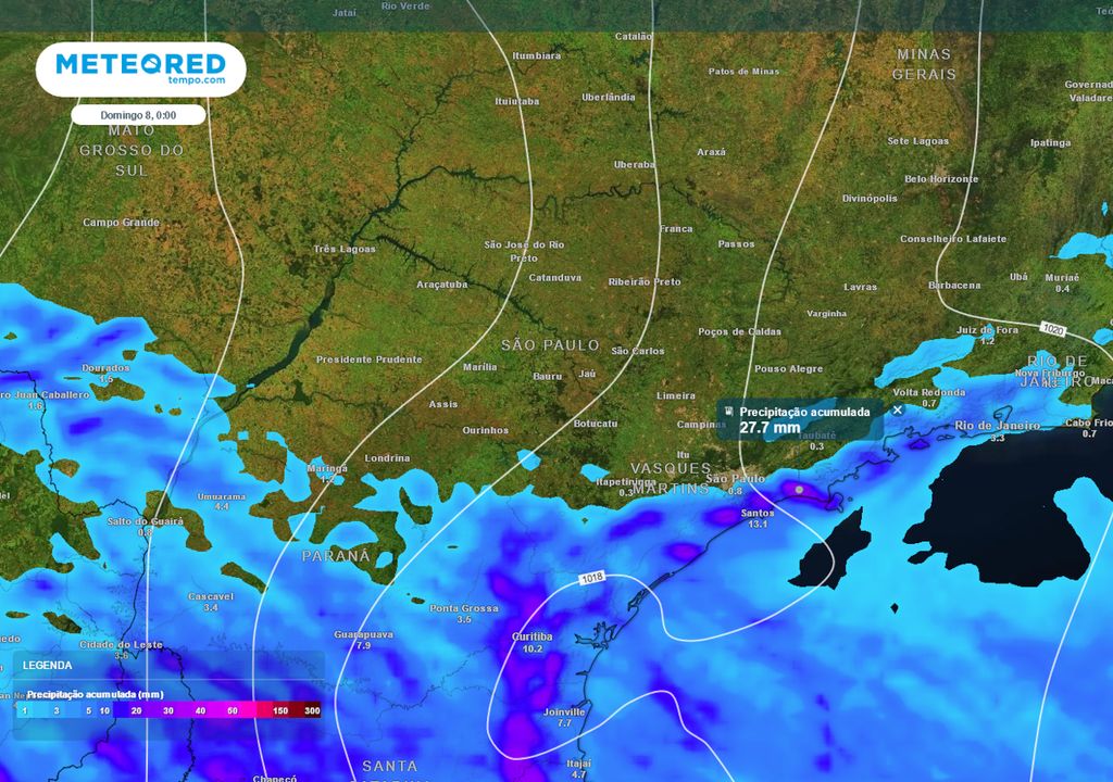Previsão de acumulados totais de chuva até o final da semana.