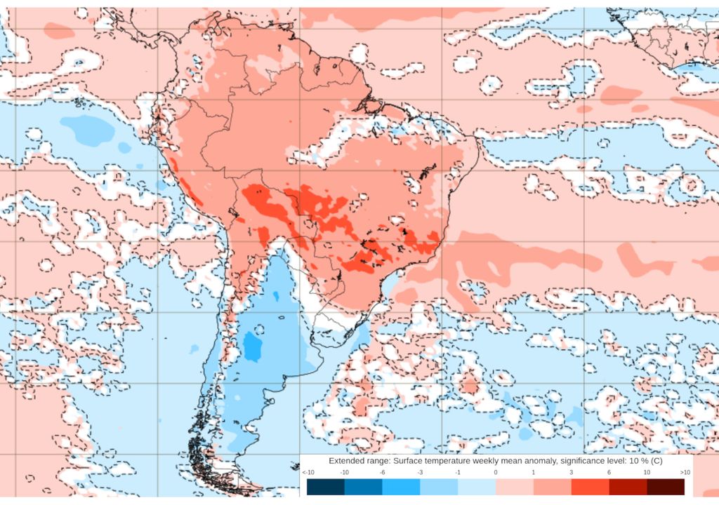 Previsão de anomalias de temperaturas entre 19 a 26 de Agosto do modelo ECMWF.